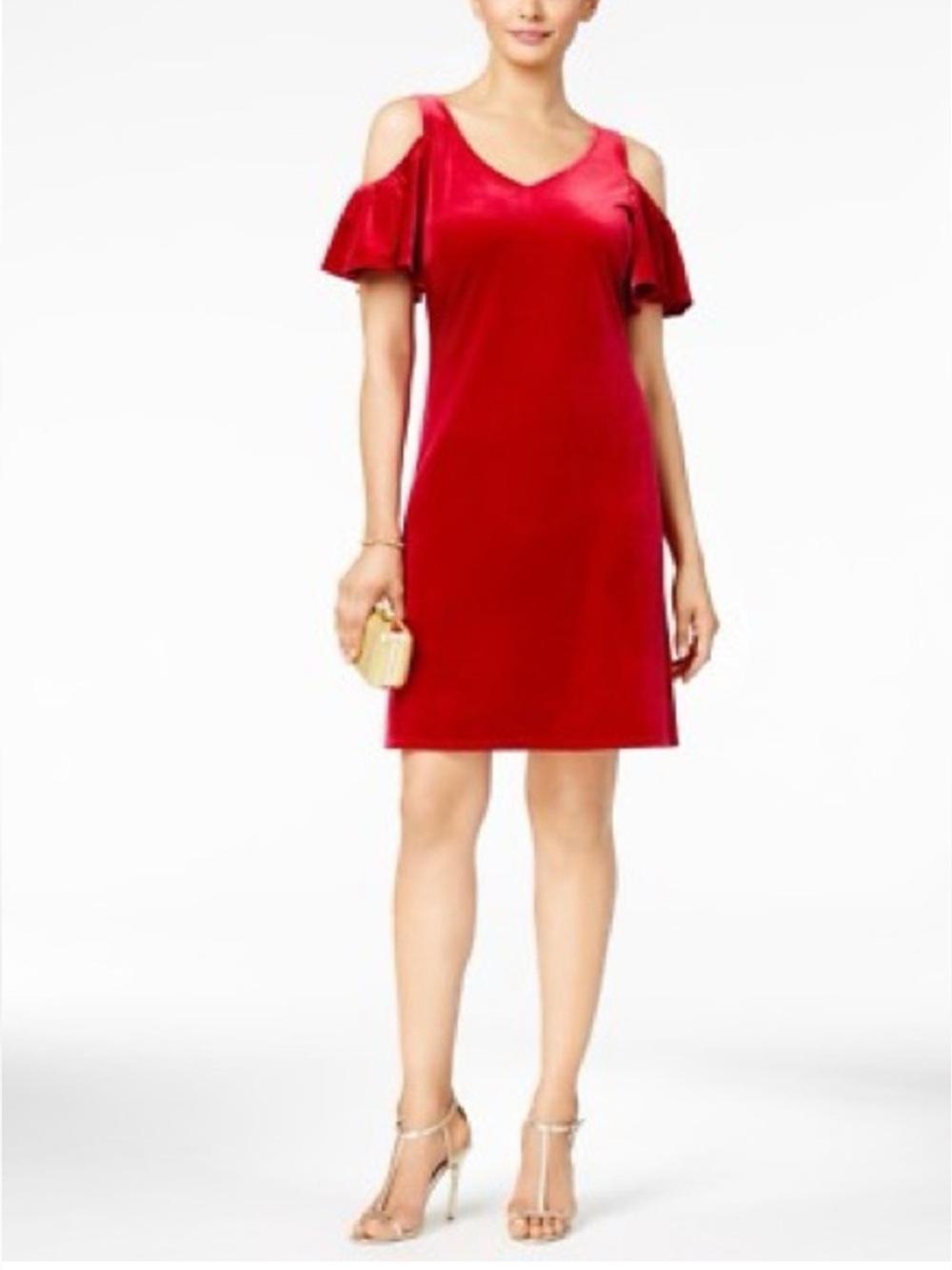 MSK Cold-Shoulder Flutter Short Sleeve Shift Cocktail Midi Dress Red Size Small